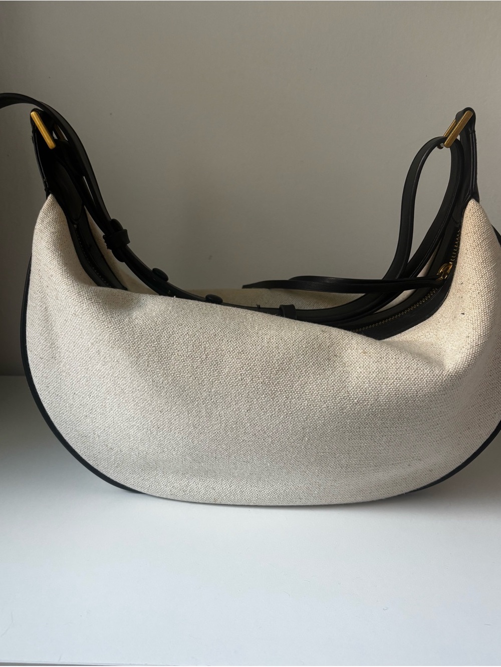 ZARA Canvas Crescent Shoulder Bag in Cream with Black leathers Trim